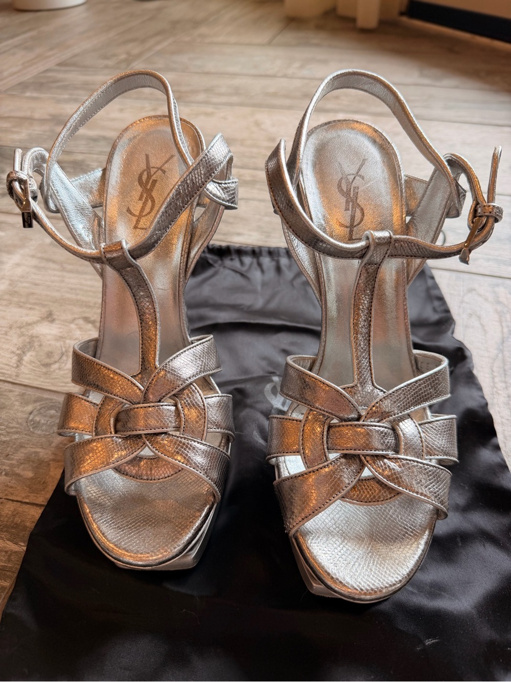 Saint Laurent Metallic Silver T-Strap Woven Heels